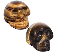 Nupuyai 2pcs Tiger's Eye Mini Crystals Statue Carved Skull Set, Healing Stone Head Figurine Pocket Sculpture for Home Office Decor