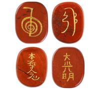 Nupuyai 4pcs Engraved Usui Reiki Crystal Stone Set, Red Jasper Spiritual Stones with Symbol Reiki Crystals for Healing Chakra Balancing Meditation Reiki Healer Gifts