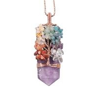 Nupuyai 7 Chakra Crystal Tree of Life Pendant Necklace for Women, Wire Wrapped Hexagonal Stone Crystal Point Pendant with Chain