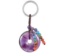 Nupuyai Amethyst Crystal Stone Lucky Coin Keychain with Chakra Stone Beads Tassel Keyrings, Donut Round Stone Hand Charm Bag Charm Keyrings for Women