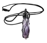Nupuyai Amethyst Hexagonal Quartz Crystal Point Pendant Necklace for Women Men, Natural Wrapped Stone Pendulum Pendant with Adjustable Rope 65cm