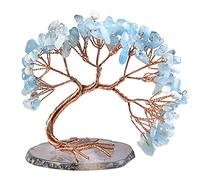 Nupuyai Blue Aquamarine Crystal Money Tree on Agate Slice Base | 7-10cm Healing Crystal Money Tree Figurine for Women Men, Lucky Gemstone Tree, Feng Shui Wealth Decor for Home Office Wedding