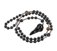 Nupuyai Carved Stone Raven Skull Pendant Necklace for Men Women, Viking Witchy Catholic Tiger's Eye & Black Hematite Beads Rosary Necklace for Prayer Protection, Black Obsidian Stone, Tiger's Eye