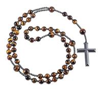 Nupuyai Crystal Cross Necklace for Men and Women, Catholic Rosary Beads Chain Gemstone Healing Stone Pendant Jewellery, 60 cm, Tiger's Eye Hematite, Tigers Eye Hematite