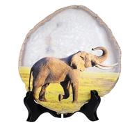 Nupuyai Elephant Natural Geode Agate Stone Slice Decor with Wooden Stand | Polished Agate Slice Artwork with Wooden Holder, Printed Desktop Ornament, Home Office Display, Feng Shui and Spiritual Decor