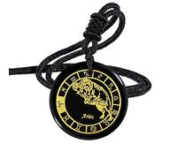 Nupuyai Engraved 12 Constellation Pendant Necklace for Men Women, Round Healing Stone Amulet Obsidian Pendant with Adjustable Rope 46-62cm, Aries