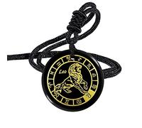 Nupuyai Engraved 12 Constellation Pendant Necklace for Men Women, Round Healing Stone Amulet Obsidian Pendant with Adjustable Rope 46-62cm, Leo
