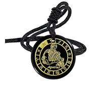 Nupuyai Engraved 12 Constellation Pendant Necklace for Men Women, Round Healing Stone Amulet Obsidian Pendant with Adjustable Rope 46-62cm, Aquarius