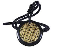 Nupuyai Engraved Amulet Obsidian Necklace for Men Women, Talisman Healing Crystal Round Stone Pendant with Adjustable Rope 46-62cm, Flower of Life