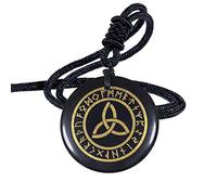 Nupuyai Engraved Amulet Obsidian Necklace for Men Women, Talisman Healing Crystal Round Stone Pendant with Adjustable Rope 46-62cm, Triquetra & Runes