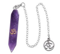 Nupuyai Engraved Crown Chakra Amethyst Crystal Point Pendulum for Divination Scrying, Double Terminated Polished Faceted Hexagonal Crystal Stone Pendulum with Crown Chakra Chain