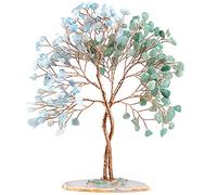 Nupuyai Green Aventurine & Aquamarine Twining Crystal Money Tree with Agate Slice Base, Love Stone Tree Ornament Fengshui Figurines for Home Office Wedding Decor