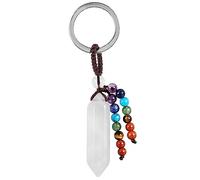 Nupuyai Hexagonal Rock Crystal Stone Keychain Hand Charm Keychain with Chakra Stone Beads Tassel Keyrings, Crystal Point Lucky Bag Charm Keyrings for Women