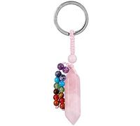 Nupuyai Hexagonal Rose Quartz Crystal Stone Keychain Hand Charm Keychain with Chakra Stone Beads Tassel Keyrings, Crystal Point Lucky Bag Charm Keyrings for Women