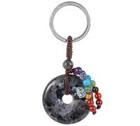 Nupuyai Labradorite Crystal Stone Lucky Coin Keychain with Chakra Stone Beads Tassel Keyrings, Donut Round Stone Hand Charm Bag Charm Keyrings for Women