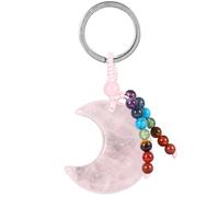 Nupuyai Moon Rose Quartz Crystal Stone Keychain with 7 Chakra Beads Tassel Keyrings, Crescent Moon Keyring Bag Charm Hand Charm Lucky Charm Keyrings for Women