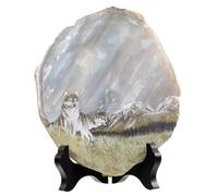 Nupuyai Natural Geode Agate Stone Slice Decor for Home Office, Irregular Agate Stone Painting Artwork with Wooden Stand, Wolf