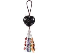 Nupuyai Obsidian Heart Crystal Stone Tassel Hanging Ornament, Fengshui Crystals 7 Chakra Reiki Healing Ornament for Home Car Good Luck Wedding Decor