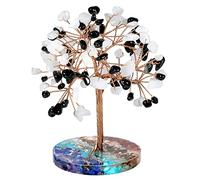 Nupuyai Obsidian & White Chalcedony Crystal Money Tree with 7 Chakra Base, Energy Healing Good Luck Tree Figurines Fengshui Crystals Ornament for Home Office Decor