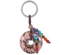 Nupuyai Rhodonite Crystal Stone Lucky Coin Keychain with Chakra Stone Beads Tassel Keyrings, Donut Round Stone Hand Charm Bag Charm Keyrings for Women
