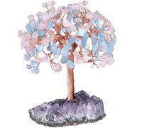 Nupuyai Rose Quartz & Aquamarine Crystal Tree with Amethyst Cluster Base, Bonsai Money Tree Figurine Good Luck Tree Life Fengshui Ornament Home Office Decor