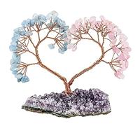 Nupuyai Rose Quartz & Aquamarine Crystal Tree with Amethyst Cluster Base, Love Heart Money Tree Figurines Fengshui Ornament for Home Office Wedding Decoration
