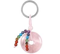 Nupuyai Rose Quartz Crystal Stone Lucky Coin Keychain with Chakra Stone Beads Tassel Keyrings, Donut Round Stone Hand Charm Bag Charm Keyrings for Women