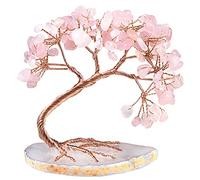 Nupuyai Rose Quartz Crystal Tree with Agate Slice Base, Money Tree Figurines Fengshui Ornament for Home Office Wedding Decoration