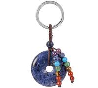 Nupuyai Sodalite Crystal Stone Lucky Coin Keychain with Chakra Stone Beads Tassel Keyrings, Donut Round Stone Hand Charm Bag Charm Keyrings for Women