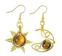Nupuyai Tiger's Eye Crystal Stone Star Moon Sun Drop Earrings for Women, Gold Wire Wrap Bead Dangle Earrings for Party Wedding Vacation