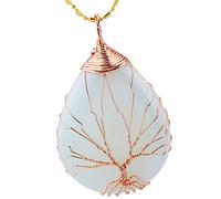 Nupuyai Tree of Life Teardrop Opalite Crystal Stone Necklace for Women Men, Wire Wrap Amulet Stone Pendant for Reiki Chakra Healing