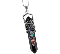 Nupuyai Vintage 7 Chakra Obsidian Crystal Point Pendant Necklace for Men Women, Hexagonal Pendulum Reiki Healing Stone Pendant with Chain