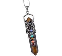 Nupuyai Vintage 7 Chakra Tiger's Eye Crystal Point Pendant Necklace for Men Women, Hexagonal Pendulum Reiki Healing Stone Pendant with Chain
