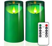 NURADA 3"x6"Flickering Flameless Candles: 3D Wick Acrylic Battery Operated LED Pillar Candles with Remote and Timer for St. Patrick's Day Home Holiday Forest Christmas Party Table Decor - Green