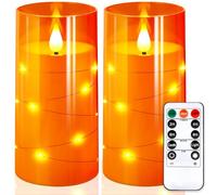 NURADA 3"x6"Flickering Flameless Candles: Built-in Star String Lights 3D Wick Battery Operated LED Pillar Candles with Remote and Timer for Halloween Thanksgiving Dinner Tables Home Fall Decor Orange
