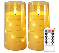 NURADA 3"x6"Flickering Flameless Candles: Built-in Star String Lights Acrylic Battery Operated LED Pillar Candles with Remote and Timer for Romantic Mood Home Decoration - 2 Pack Gold