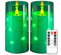 NURADA 3"x6"Flickering Flameless Candles: Built-in Star String, Unbreakable Glass Battery Operated LED Pillar Candles - Acrylic Battery Candles with Remote and Timer, Green