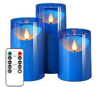 NURADA Flameless Candles: LED Pillar Acrylic Battery Candles with Remote and Timer for Wedding Party Romantic Decor - Pack of 3 Blue