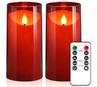 NURADA Flameless Candles with Remote Timer: 3D Wick Battery Operated Led Pillar Fake Candle Set for Wedding Birthday Christmas Decorations - Red 2 Pack