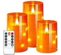 NURADA Flameless Candles with Remote Timers: Built-in Star String Lights 3D Wick Battery Operated Flickering LED Electric Candles for Halloween Thanksgiving Dinner Tables Fall Home Decor Orange 3 Pack