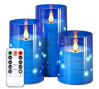 NURADA Flickering Flameless Candles: 3D Wick Built-in Star String Lights Acrylic Unbreakable Glass Battery Operated LED Pillar Candles with Remote and Timer - 3 Pack for Wedding Valentine's Day Decor