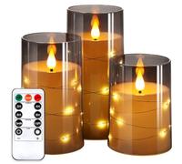 NURADA Flickering Flameless Candles: Built-in Star String Lights 3D Wick Acrylic Battery Operated LED Pillar Candles with Remote and Timer for Fall Halloween Christmas Home Decoration - 3 Pack Gray