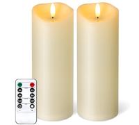 NURADA Outdoor Flameless Candles with Remote Timer - Waterproof Realistic Flickering LED Pillar Electric Battery Operated Fake Candle for Holiday Home Wedding Fireplace Decor - Ivory 2 Pack (8" 8")