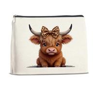 Nurawo Cute Highland Cow Makeup Bag Wild West Cosmetic Bags for Women Cattle Lovers Highland Cattle With Coquette Bow Makeup Pouch Western Cow Organizer Bag