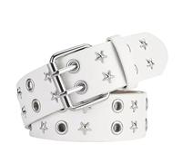 NUREINSS Punk Belt Unisex | Double-hole design with star pattern, stainless steel buckle (3.8 cm) | For streetwear, rock outfits & gothic fashion | Faux leather for jeans/dresses/parties White
