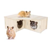 Nurhore Hamster House Wooden Hideout, 3 Chamber Hamster Hide with Removable Lid, Multi Chamber Hamster House for Cage, Small Animal Shelter for Dwarf Hamsters Gerbils