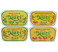 NURI Portuguese Sardines Variety Pack | 4 Pack Bundle | One of Each | Pure Olive Oil, Spiced Pure Olive Oil, Tomato and Olive Oil AND Spiced Tomato and Olive Oil