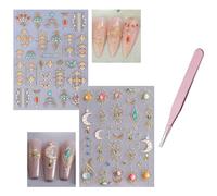 Nurila Pack of 2 Nail Stickers, Retro Stars Sun Moon Pattern Nail Stickers, Self-Adhesive Nail Stickers with Pink Tweezers, Nail Art Stickers, Nail Stickers for Nail Decoration, Women, Nail DIY Art