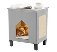 NUROMY Cat Condo & Hideaway - Large Scratch Pad, Leather Cat Bed & Side Table, Grey