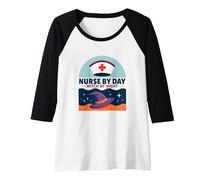 Nurse by Day Witch by Night Halloween Healthcare Humor Raglan Baseball Tee, Women, Black/White, L